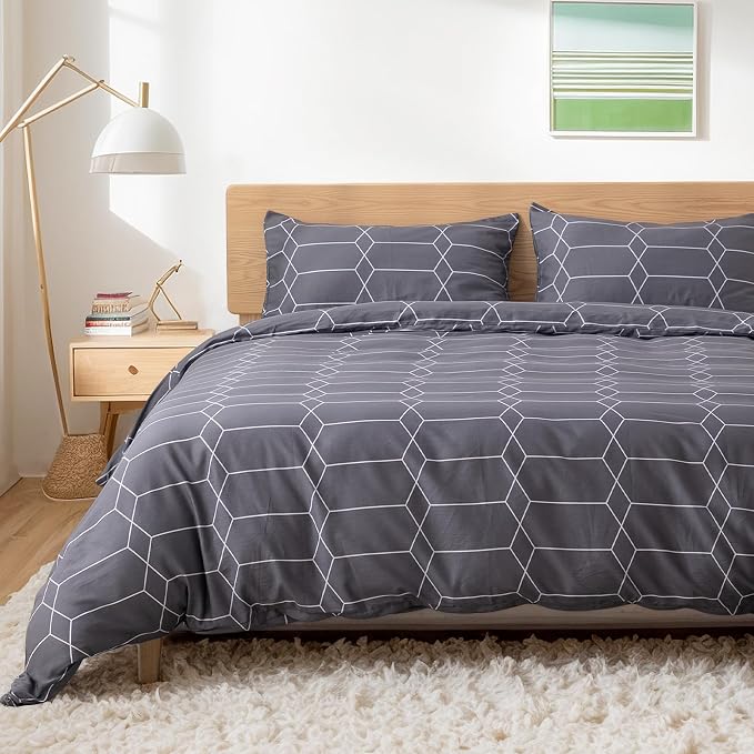 TOCOMOA Plaid Duvet Cover Set 100% Natural Cotton, Grey & White, King | Soft, Comfy & Breathable. Printed Bedding Set with Hidden Zipper & 8 Corner Ties. 3PCs, Comforter Not Included