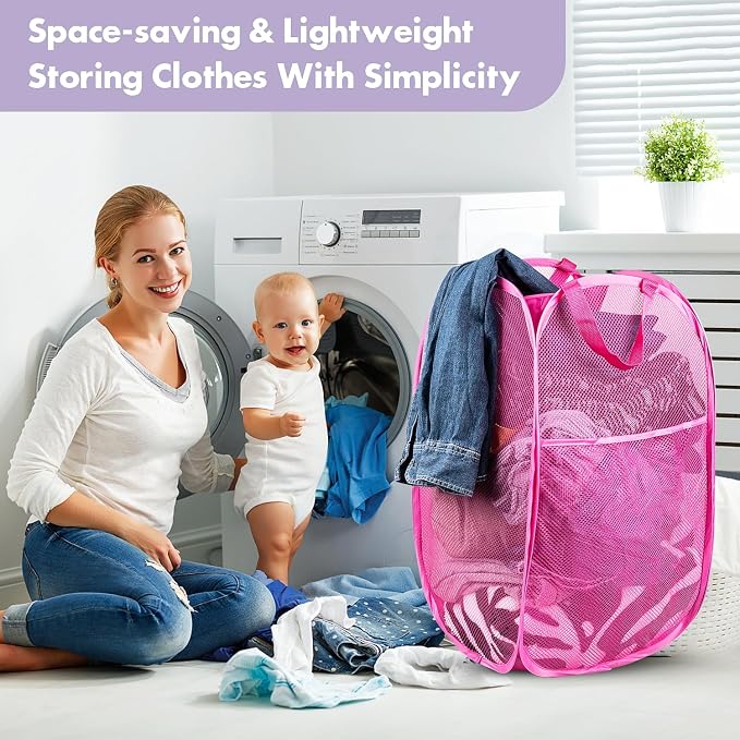 2 Pack Pop Up Laundry Hampers, 70 L Collapsible Foldable Mesh Basket, Pink | Reinforced handles, breathable fabric, foldable, portable for dorm college travel camping cruise, dirty clothes, toys storage