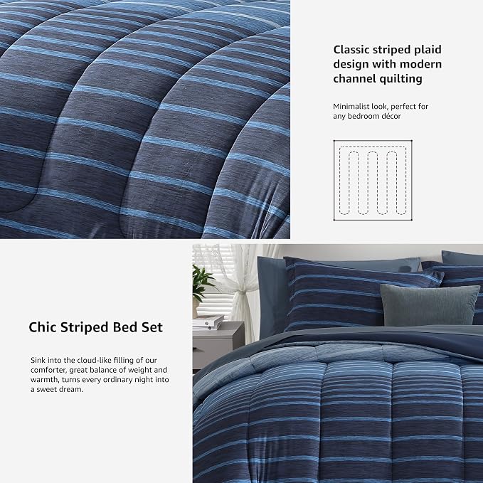 Monbix King Size Comforter Set, 7 Pieces Soft Bed in a Bag King Bedding Set | All Season Navy Blue Striped Reversible Comforter with Sheets, Pillowcases & Shams