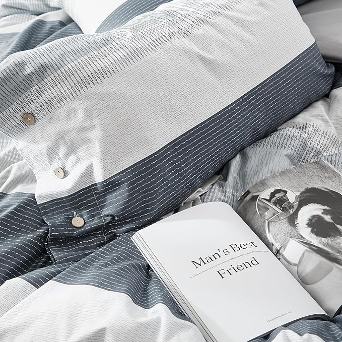 mixinni Geometric Striped Duvet Cover Set - 100% Natural Cotton, Grey & White Stripes, King Size, 3-Piece Bedding Set with Zipper Closure