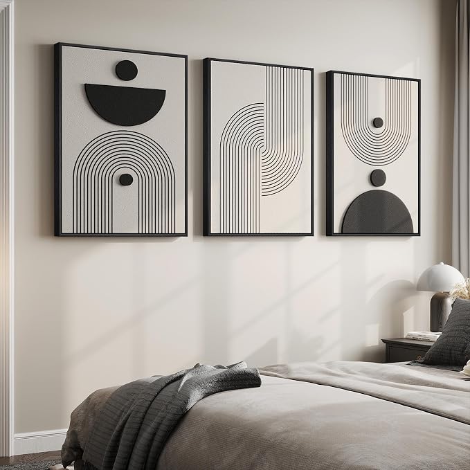 3D Large Framed Black and White Abstract Wall Art for Living Room, 3 Piece | Wood Frames, Sandstone Textured Paintings, Modern Artwork for Walls, 24x36 In Geometric Pictures Wall Decor Bedroom Office
