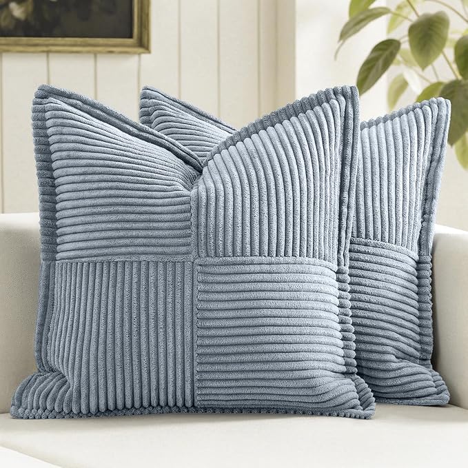 MIULEE Decorative Throw Pillow Covers for Couch 18x18 Inch Dustyblue 2 Pack | Boho Broadside Striped Patchwork Pillow Covers, Soft Corduroy Cushion Cases, For Sofa Bed Livingroom Home Decor