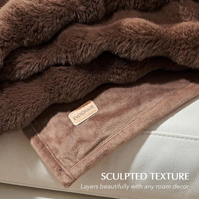 EverGrace Faux Rabbit Fur Bubble Throw Blanket, 50"x60", Chestnut | Ultra Soft, Luxury Faux Rabbit Fur Throw, Thick Warm Bubble Blanket, Cozy Fluffy Reversible, for Bed, Couch, Chair, Sofa
