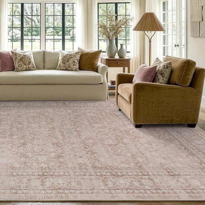 5x7 Ft Area Rugs for Living Room, Soft Non-Slip Machine Washable Rug, Vintage Stain Resistant Carpets for Bedroom Nursery Dining Room Home Decor (Grey Pink)