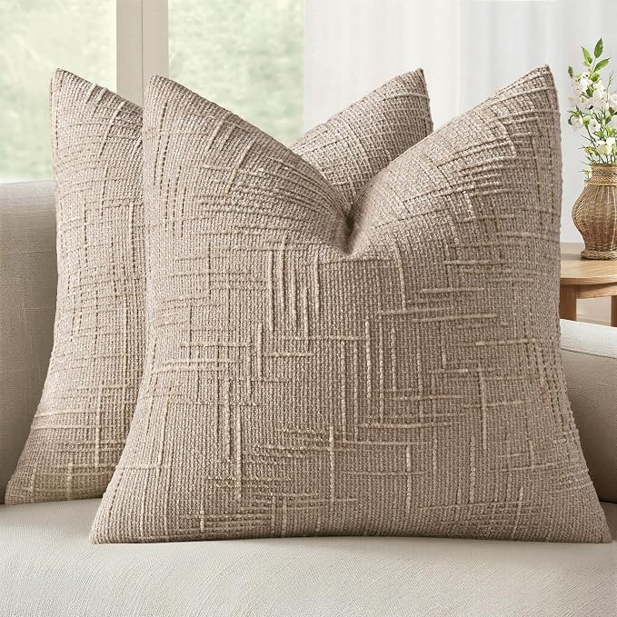 MIULEE Chenille Textured Euro Throw Pillow Covers Oatmeal 22x22 Set of 2 | Slubby Decorative Pillows, Boho Farmhouse Home Decor, Modern Neutral Cushion Covers for Couch Sofa Bed Living Room