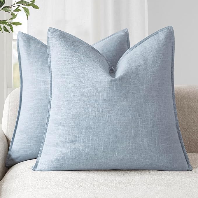 Foindtower Linen Solid Decorative Throw Pillow Covers 20x20 Inch Sky Blue | Pack of 2 Boho Farmhouse Pillowcase,Accent Neutral Cushion Covers,Morden Home Decor for Chair Couch Sofa Bedroom Living Room