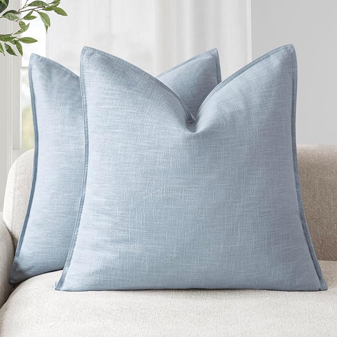 Foindtower Linen Solid Decorative Throw Pillow Covers 26x26 Inch Sky Blue | Boho Farmhouse Morden Pillowcase,Pack of 2 Soft Accent Cushion Covers,Rustic Home Decor for Chair Couch Bedroom Living Room