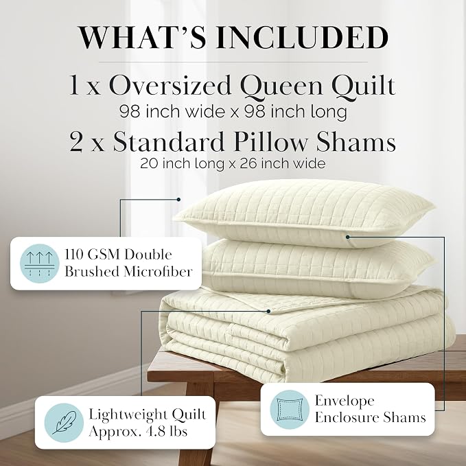 Southshore Fine Living, Inc. Full/Queen Size Quilt Bedding Set, Wrinkle-Free Stain & Pet Hair Resistant Bedding, Coverlet Bedspreads Queen Size/Full Size Bedspread with 2 Pillow Shams, Cream
