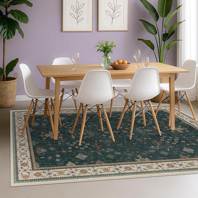 Dark Green Oushak 5x8 Living Room Rug - Modern Vintage Boho Eclectic Floral Pastel, Washable Low Pile Non-Slip Large Area Rugs for Nursery Dining Under Table Bedroom Lounge