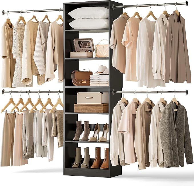 ONBRILL W1 3.5FT-7.7FT Closet System with 4 Chrome-Plated Telescopic Rods | Modular Closet Organizer System with 6 Adjustable Shelves, Custom Wood Walk-In & Reach-In Closet Organizer, Wall Mount, Black