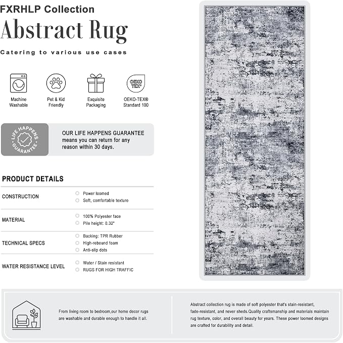 2.6x8 Washable Runner Rug：Modern Abstract Kitchen Soft Carpet Grey | For Hallway, Bedroom, Kitchen, Laundry, Bathroom,Door Mat,Modern Abstract,Machine washable,Non-Slip,Stain Resistant,Indoor