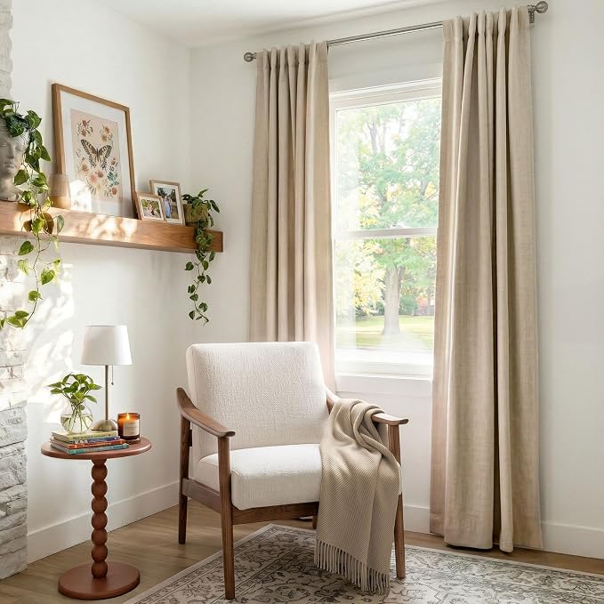 Faux Linen Total Blackout Curtains for Bedroom 90 Inch Long Natural Flax | 100% Blackout Shield, Back Tab/Rod Pocket Living Room Drapes, Thermal Insulated Blackout Curtains 2 Panels Set, 50"W x 90"L