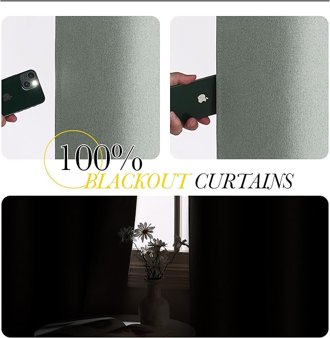 NICETOWN Full Shade Faux Linen Curtains 96" Long for Living Room, Pair of Energy Smart & Noise Blocking Blackout Shield, Thermal Insulated Window Dressing Crisp Fabric, Sage Green