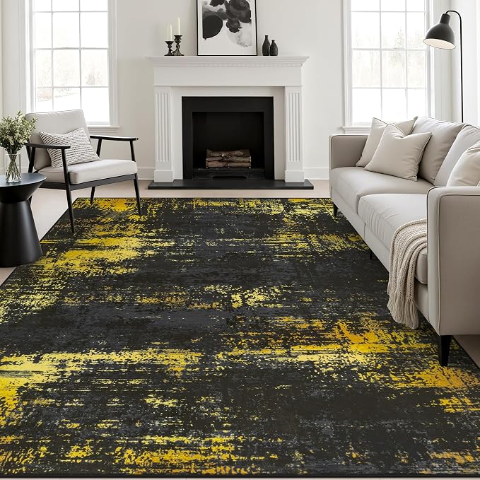 8x10 Area Rug Living Room: Modern Washable Soft Carpet Black Gold | For Bedroom Dining Room Farmhouse Nursery Hallway Office,Modern Abstract,Machine washable,Non-Slip,Stain Resistant,Indoor