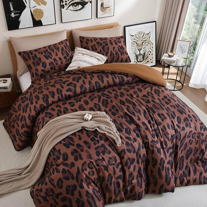 Cheetah Print Comforter Set Queen, Luxury Leopard Print Bedding, Brown | Soft Microfiber Animal Bedding Set with 2 Breathable Pillowcases, Faux Fur Texture, for an All-Season Comforter