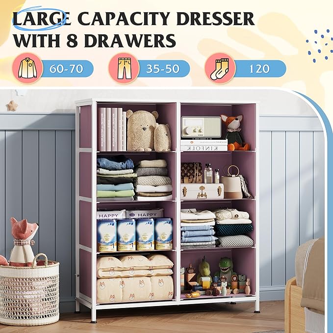 WLIVE 8 Drawer Fabric Dresser for Bedroom, Tall Storage Tower, Pink | Pink 8-drawer tall storage tower with fabric bins and wood tabletop, breathable non-woven, perfect for bedroom closet dorm
