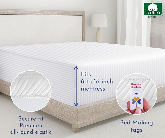 Pack of 2 100% Cotton Sateen Deep Pocket King Fitted Sheets, Striped White | 2 Fitted Sheets, 400 Thread Count Backed by Good Housekeeping Seal, 16" Deep Pocket, All-Around Elastic, No-Pop Fit, Durable