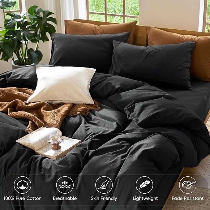 MooMee Duvet Cover Set 100% Washed Cotton Linen Like Cal King | Relaxed Linen-like Texture. Soft, Breathable & Long-lasting Comfort. Lightweight. Hidden Zipper with 8 Interior Corner Ties