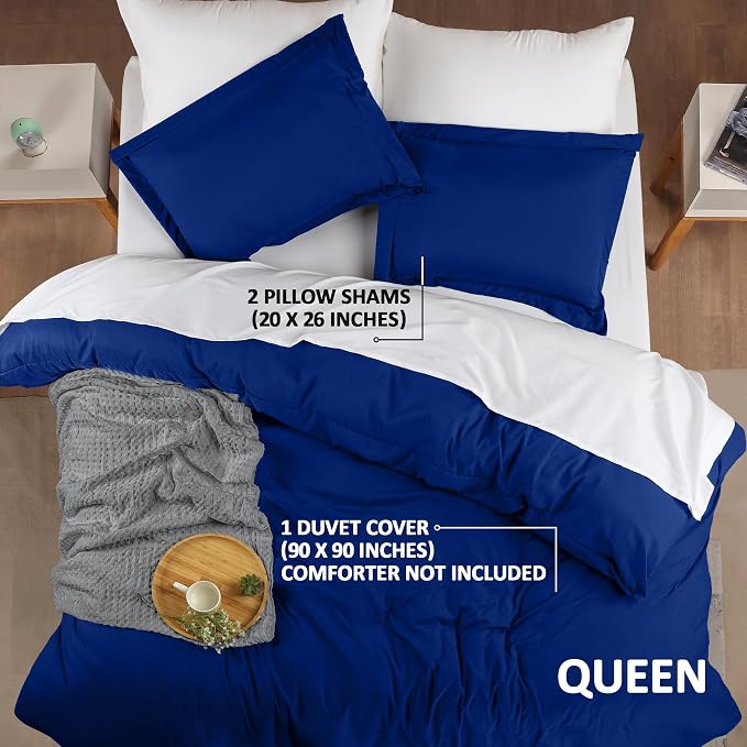 Duvet Cover Queen, 3 PC Cotton Like PolyesteR, Zipper Closure, Royal Blue | Extra Soft and Breathable, Wrinkle & Fade Resistant, Includes Duvet Cover and 2 Pillow Shams, Comforter Not Included, OekoTex