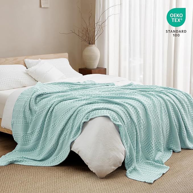 PHF Lightweight 100% Cotton Waffle Blanket for Bed, King, Mint | Pre-Washed Soft Cotton Comfort, Breathable Layering Warmth for Fall & Winter, Bed, Sofa, Couch, Home Decor & Gifts