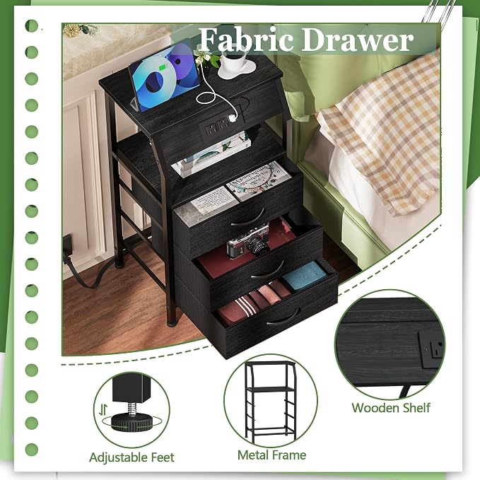 Furnulem Night Stand with Charging Station, 3 Drawers Bedside Table, Black | 28.3 Inch Tall Dorm Nightstand for Bedroom, Small Storage End Table with Outlets, 3 Fabric Storage Drawers, 3 Ways to Use