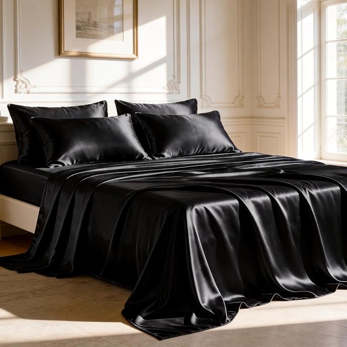 Love's cabin Satin Twin Sheets Set - 4 Piece Black Silky Bed Sheets Set with Deep Pocket, Luxury Silk Feel Satin Twin Size Sheet Set (1 Flat Sheet,1 Fitted Sheet,2 Pillow Cases)