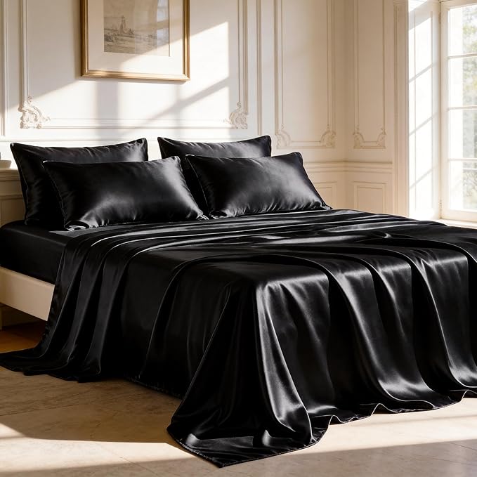 Love's cabin Satin Queen Sheets Set - 6 Piece Black Silky Bed Sheets Set with Deep Pocket, Luxury Silk Feel Satin Queen Size Sheet Set (1 Flat Sheet,1 Fitted Sheet,4 Pillow Cases)