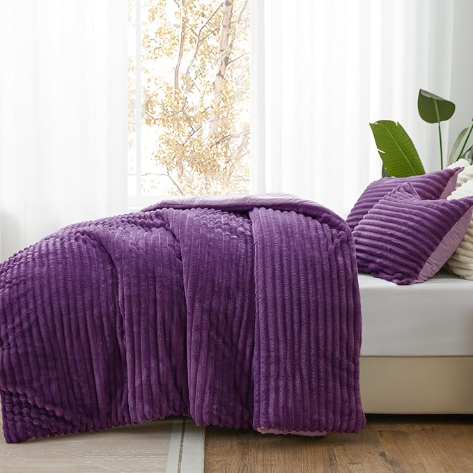 BEDELITE Fleece Twin/Twin XL Comforter Set, Fluffy Bed Set, Purple | Super Soft & Warm Bedding, Luxury Fuzzy Faux Fur Comforter for Winter, Heavy Plush Bedding, with 1 Pillowcase
