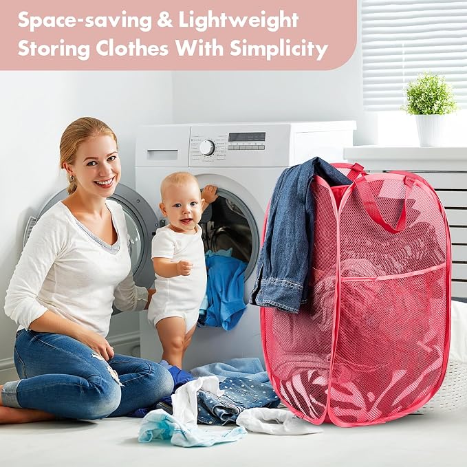 Pop Up Laundry Hamper, 70 L Collapsible Mesh Basket with Side Pocket, Red | Reinforced handles, breathable fabric, foldable, portable for dorm college travel camping cruise, dirty clothes, toys storage