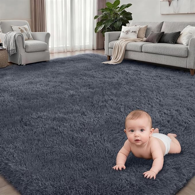 9x12 Area Rug Living Room Bedroom: Fluffy Plush Shag Carpet Grey | For Kids Room Playroom Nursery Home Decor,Ultra Soft,Non-Slip Non-Shedding,Fuzzy Plush,Large Indoor Floor Carpet,Easy Clean