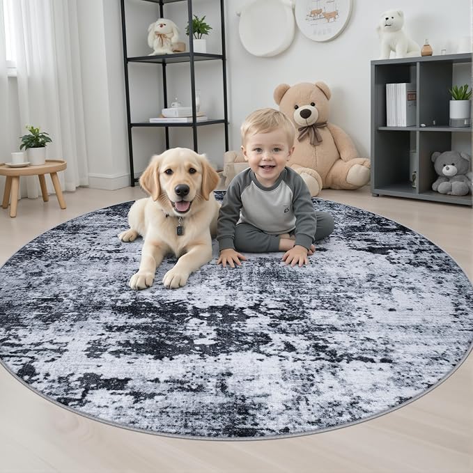 Round Area Rug Living Room: 5 ft Modern Washable Carpet Black | For Bedroom Dining Room Farmhouse Nursery Hallway Office,Modern Abstract,Machine washable,Non-Slip,Stain Resistant,Indoor