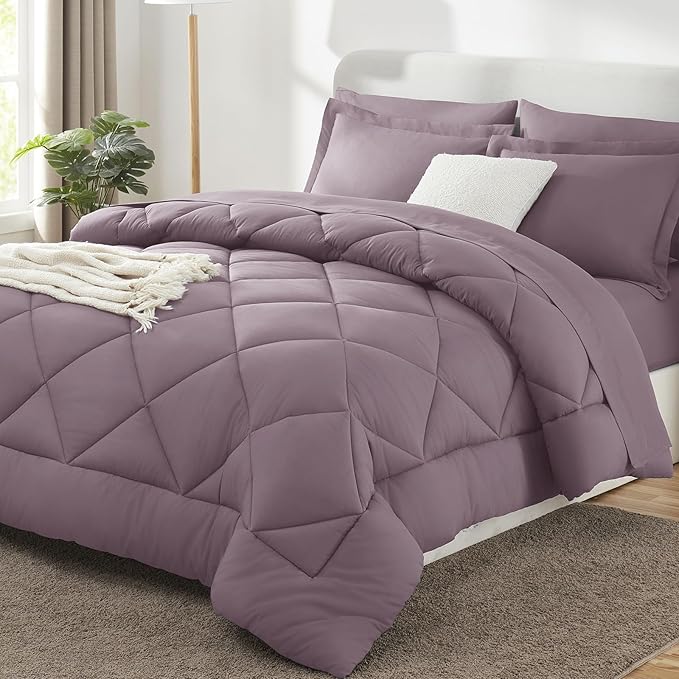 Full Size Comforter Sets Dusty Purple - 7 Pieces Bed in a Bag | OEKO-TEX Certified, All Season, 240GSM Down-Alternative Comforter, Sheets, Pillowcases & Shams, 14" Deep Pocket, Easy Care