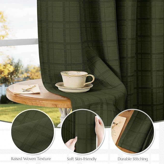 Beauoop Green Plaid Jacquard Blackout Curtains for Bedroom 52x108 2 Panels | Gingham Checkered Room Darkening Drapes for Living Room 108 Inch Long Thermal Insulated Soundproof Window treatment Grommet