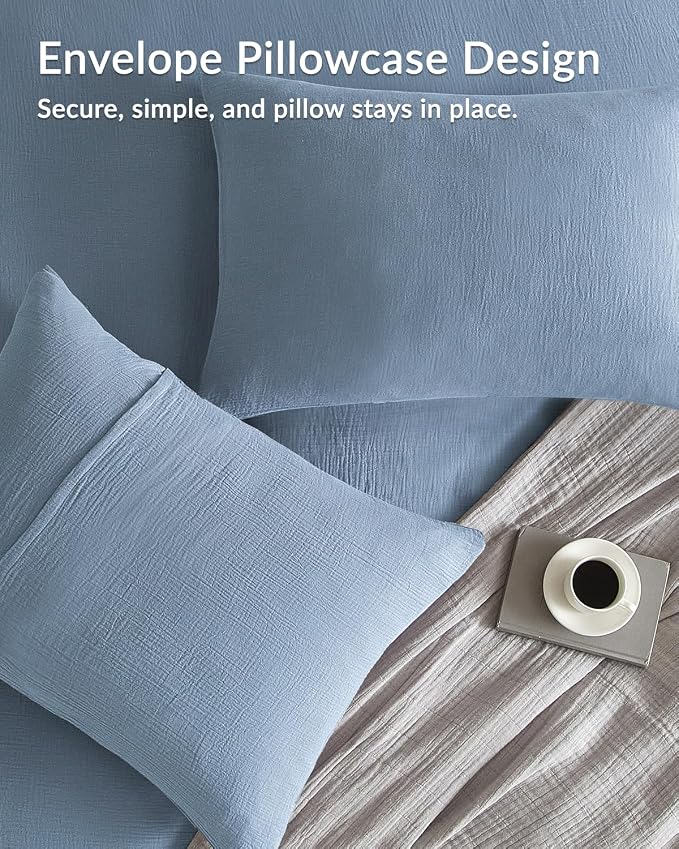 SE SOFTEXLY Muslin Duvet Cover King Size, 100% Washed Cotton Duvet Cover Set, Ultra Soft Comforter Cover Linen Like, 3 Pieces Minimalist Gauze Duvet Cover with 2 Pillowcases, 90"x104", Blue