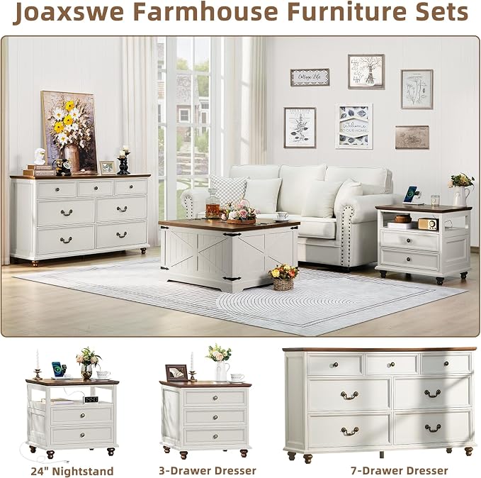Joaxswe Farmhouse 54" 7 Drawers Dresser for Bedroom, White Wood Chest of Drawers w/ 4 Wooden Legs, Vintage Closet Storage Dressers Organizer for Hallway, Rustic Large TV Stand for Living Room, Foyer