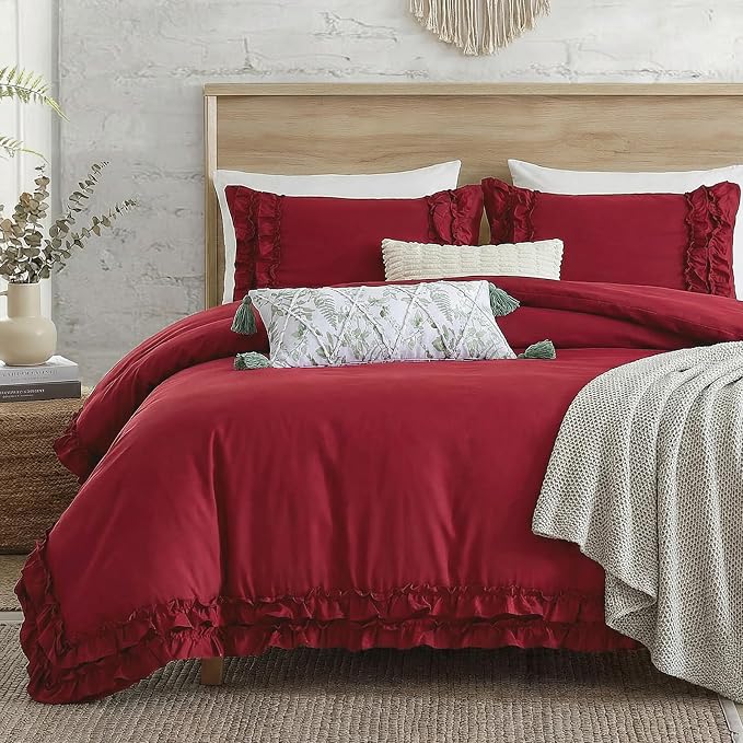 Burgundy Duvet Cover King Size Ruffled Bedding Set Vintage Lace Ruffle Elegant Bedroom Decor Shabby Chic Farmhouse Style Boho Chic Duvet Cover Set for All Season