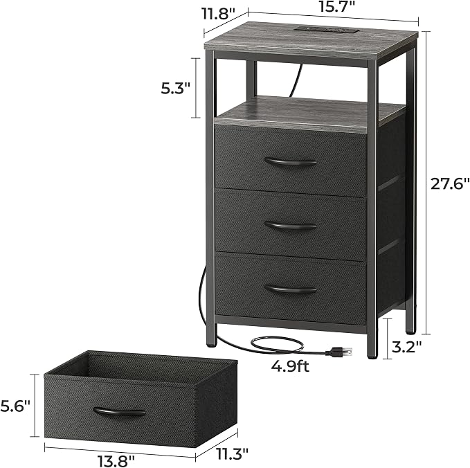 Huuger Nightstand with Charging Station, 27.6 Inch Bedside Table,Side Table | Night Stand with USB Ports and Outlets, End Table with Fabric Drawers, Night Stand with Charger Station, Charcoal Gray