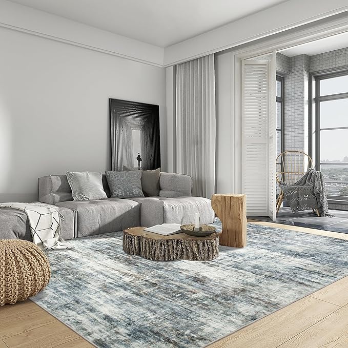 10x14 Area Rugs for Living Room: Washable Abstract Blue Multi Carpet | Non-slip TPE backing makes this washable soft low-pile rug safe & durable, Pet-friendly decor for dining room,nursery,office