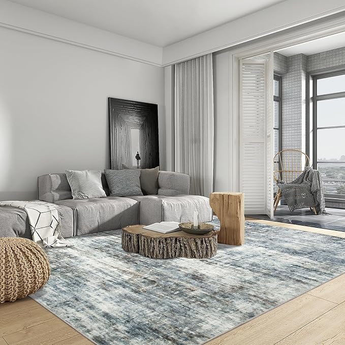 8x10 Area Rugs for Living Room: Washable Abstract Blue Multi Badroom Carpet | Non-slip TPE backing makes this washable soft low-pile rug safe & durable, Pet-friendly decor for dining room,nursery,office