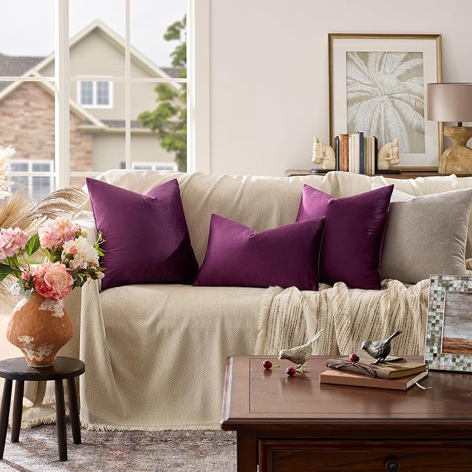 GIGIZAZA Velvet Pillow Covers 12x20 Decorative Pillows Pack of 2 Purple | Throw Pillows for Couch Sofa,280gsm Soft Textured Fabric,Luxury Modern Lumbar Pillowcases,Home Decor Cushion Covers