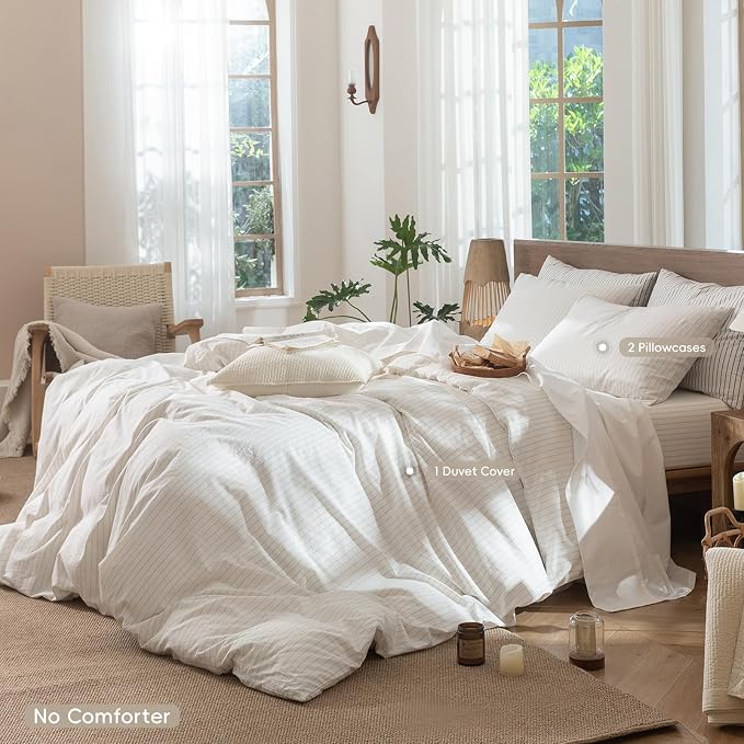 MooMee Striped Duvet Cover Set 100% Washed Cotton Linen Like King | Relaxed Linen-like Texture. Soft, Breathable & Long-lasting Comfort. Lightweight. Hidden Zipper with 8 Interior Corner Ties