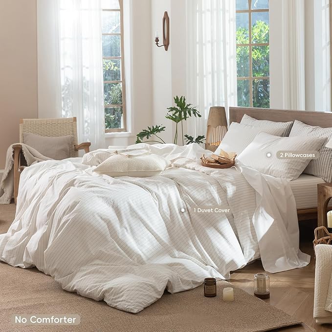 MooMee Striped Duvet Cover Set 100% Washed Cotton Linen Like Full | Relaxed Linen-like Texture. Soft, Breathable & Long-lasting Comfort. Lightweight. Hidden Zipper with 8 Interior Corner Ties
