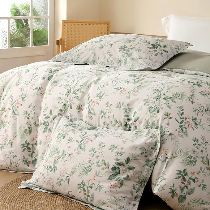 OAITE Queen Duvet Cover Set 3pcs 100% Cotton with Green Botanical Floral | Soft, Breathable,Long-lasting,Comfort,Hidden Zipper,8 Corner Ties,Easy Care for All Season