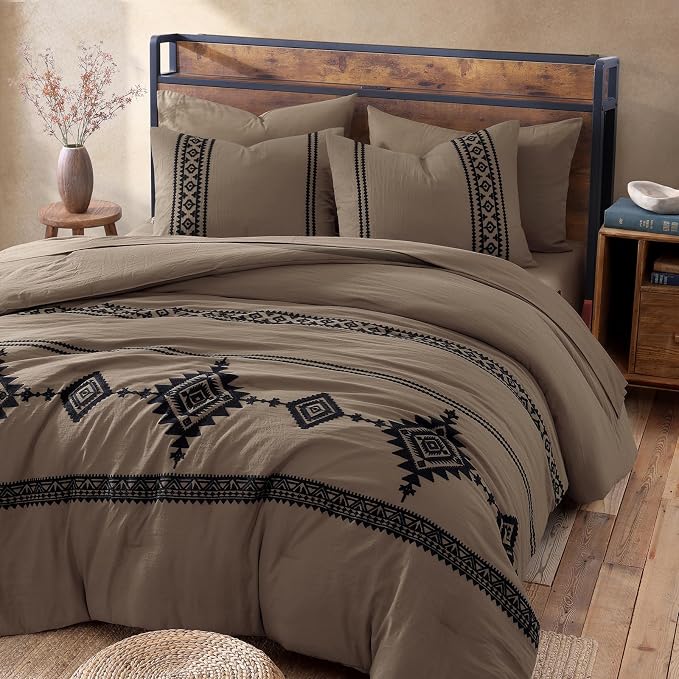MaiRêve Embroidery King Size Comforter Set 7 Pieces Taupe Grey Bed in a Bag | Western Boho Farmhouse Bedding Sets with Comforter, Sheets, Pillowcases & Shams