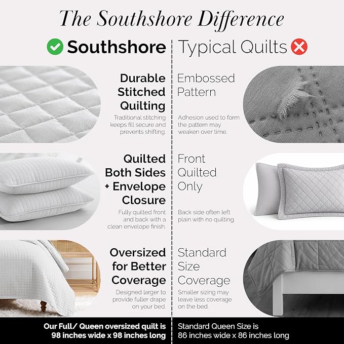 Southshore Fine Living, Inc. Queen Quilt Set, Full Size Bedspread with 2 Matching Pillow Shams, Soft Microfiber Lightweight Quilts, Queen Size Coverlet, Easy Care Quilted Bedding, Light Grey Quilt