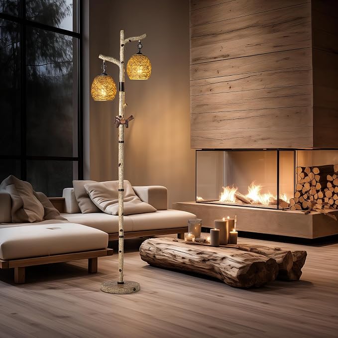 Scenekoy 68.5" Rustic Floor lamp with Remote Control, Bird Nest Lantern | Stepless Dimmable, 3 Color Temperature, Birch Tree Finish, Farmhouse Vintage Standing Lamp Decor for Living Room Bedroom