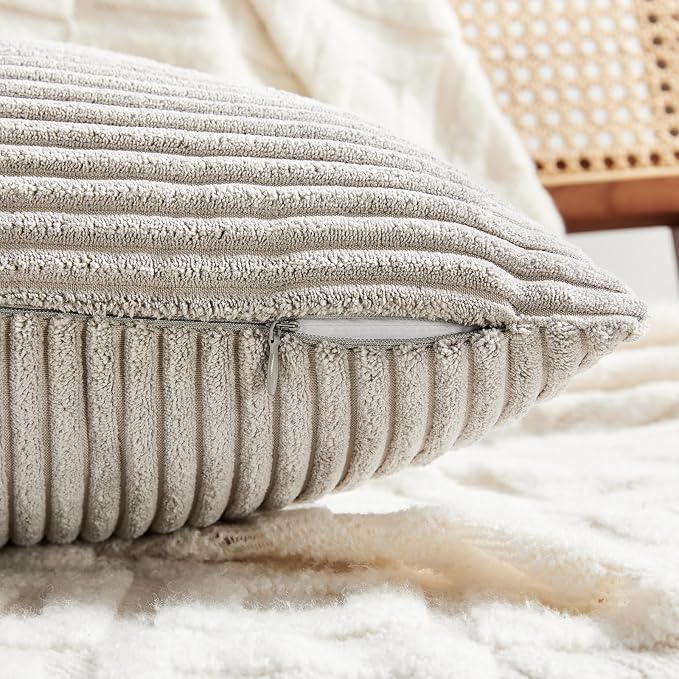 Fancy Homi 2 Packs Neutral Grey Lumbar Decorative Throw Pillow Covers 14x24 Inch for Living Room Couch Bed Sofa, Farmhouse Home Decor, Soft Striped Corduroy Rectangle Accent Cushion Case 35x60 cm