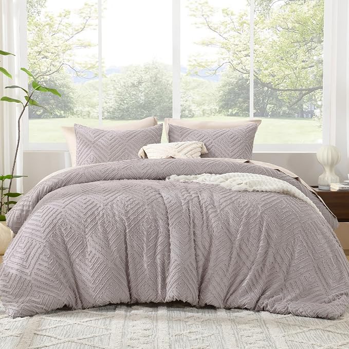 Litanika Queen Size Comforter Set, 3 Pieces Tufted Boho Bedding Set | Milk Coffee Farmhouse Shabby Chic Vintage Bohemian Textured Aesthetic Soft Fluffy Lightweight Breathable All Season Bed Set