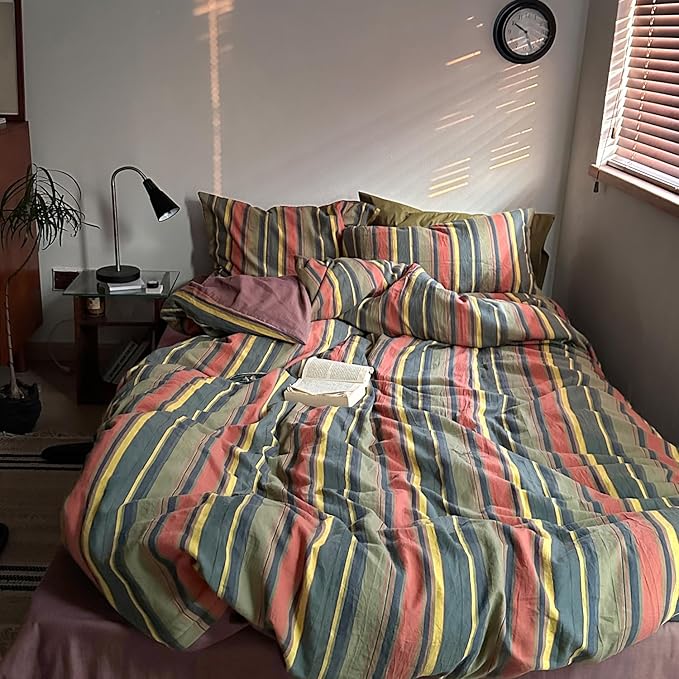 mixinni Vintage Striped Duvet Cover Set Full Size - 3 Piece 100% Washed Cotton Bedding Set, Soft & Breathable, Colorful Striped Pattern Printed Comforter Cover for All Seasons