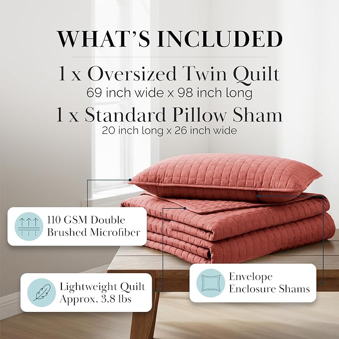 Southshore Fine Living, Inc. Twin XL Quilt Set with Pillow Sham, Quilted Twin Bedspread, Coverlet, Oversized Bed Quilt for Full Coverage, Soft and Comfy, Easy Care, Machine Washable, Marsala